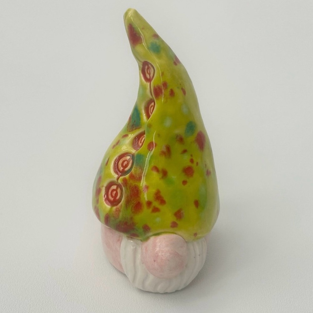 Handmade ceramic gnome green hat whimsical decor